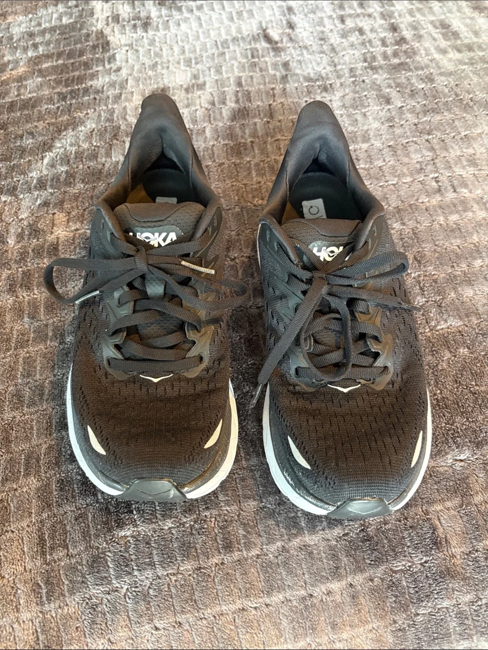 Hoka Womens Clifton 8 Black and White Athletic Running Shoes 7B